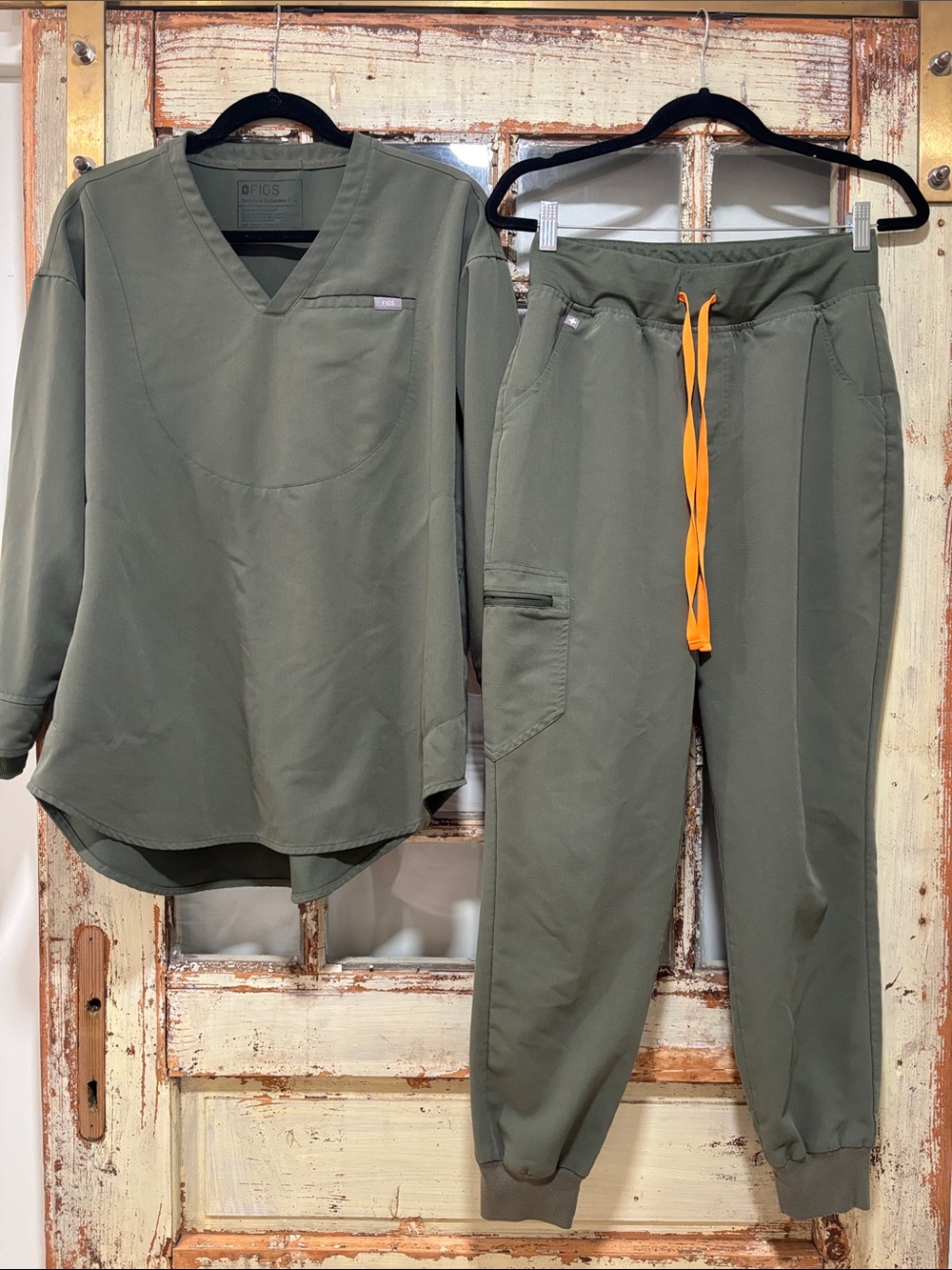 Figs Olive Green Cargo Jogger Pants with Orange Drawstring